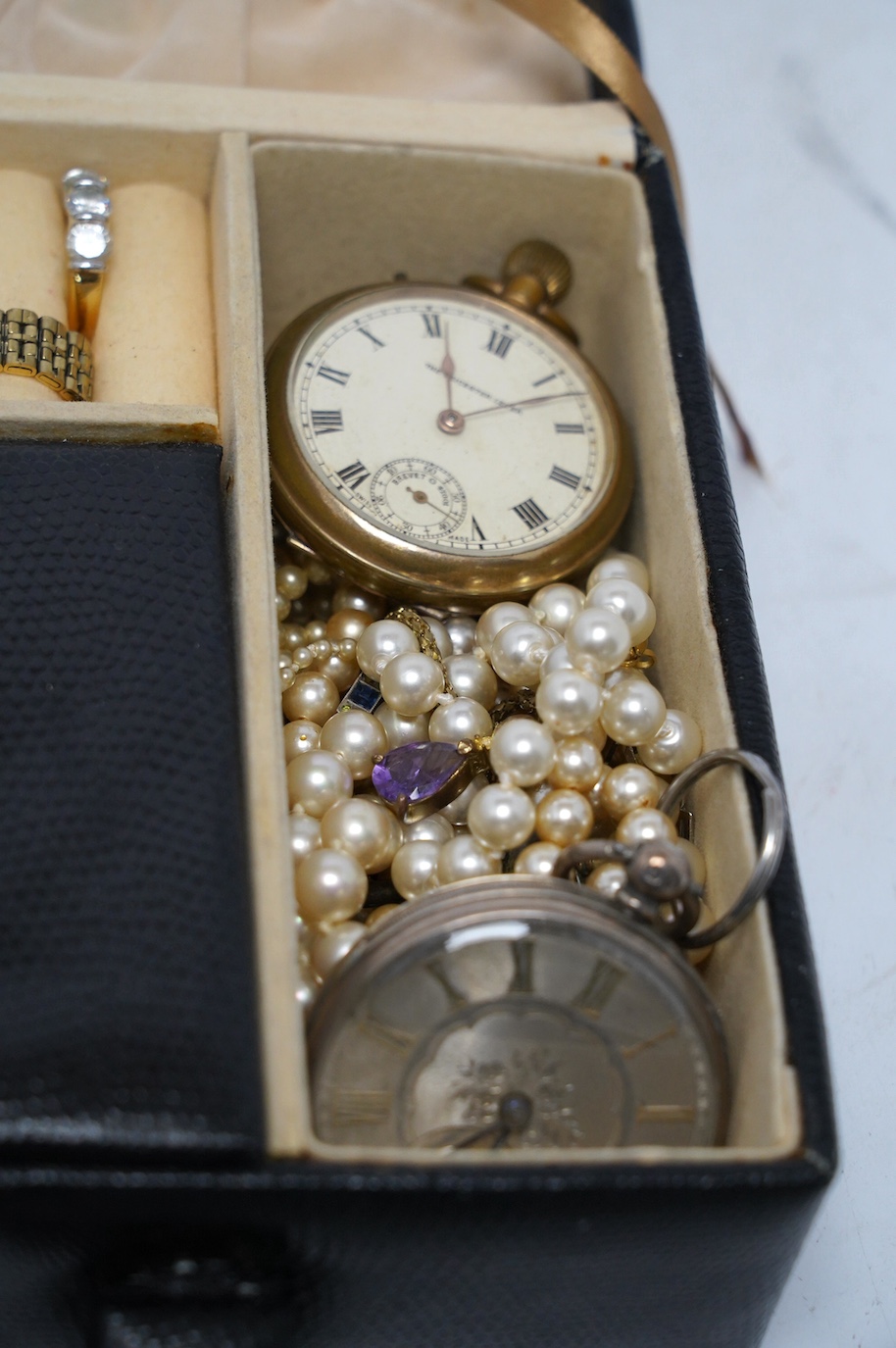 A yellow metal and gem set bar brooch and a quantity of assorted costume jewellery and two pocket watches including silver open face. Condition - fair